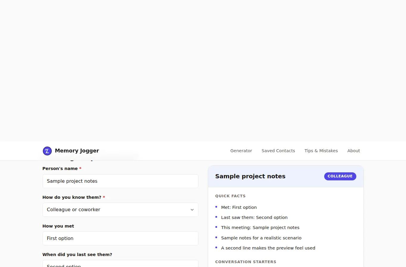Screenshot of Conversation Memory Jogger interface showing the project page in use